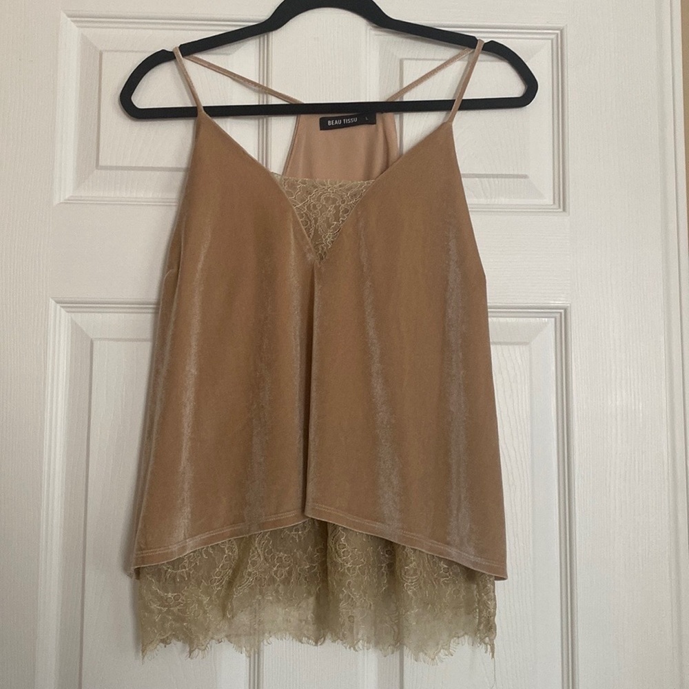 Velvet Beige Razor Back Lace Trimmed Tank Top